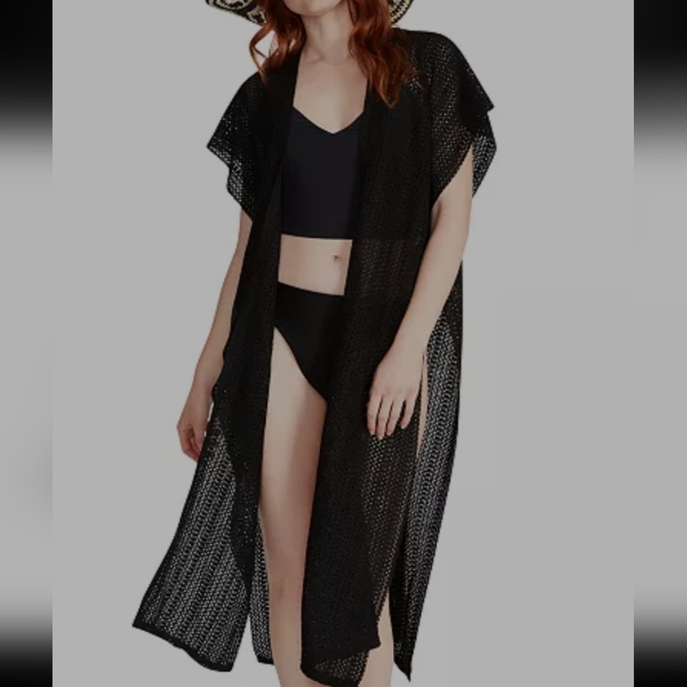 Open Weave Open Front Longline Duster Coverup In Olive Green